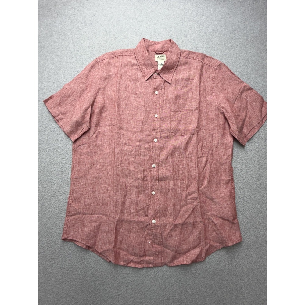 L.L.Bean Mens Large Red Linen Short Sleeve Button Front Shirt 288677